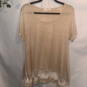 Umgee Beige Short Sleeve Lace-Hem Scoop Neck Top